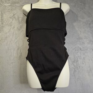 One Piece Swimsuit Size XL Black Ribbed  Cutouts‎ Spaghetti Straps High Back
